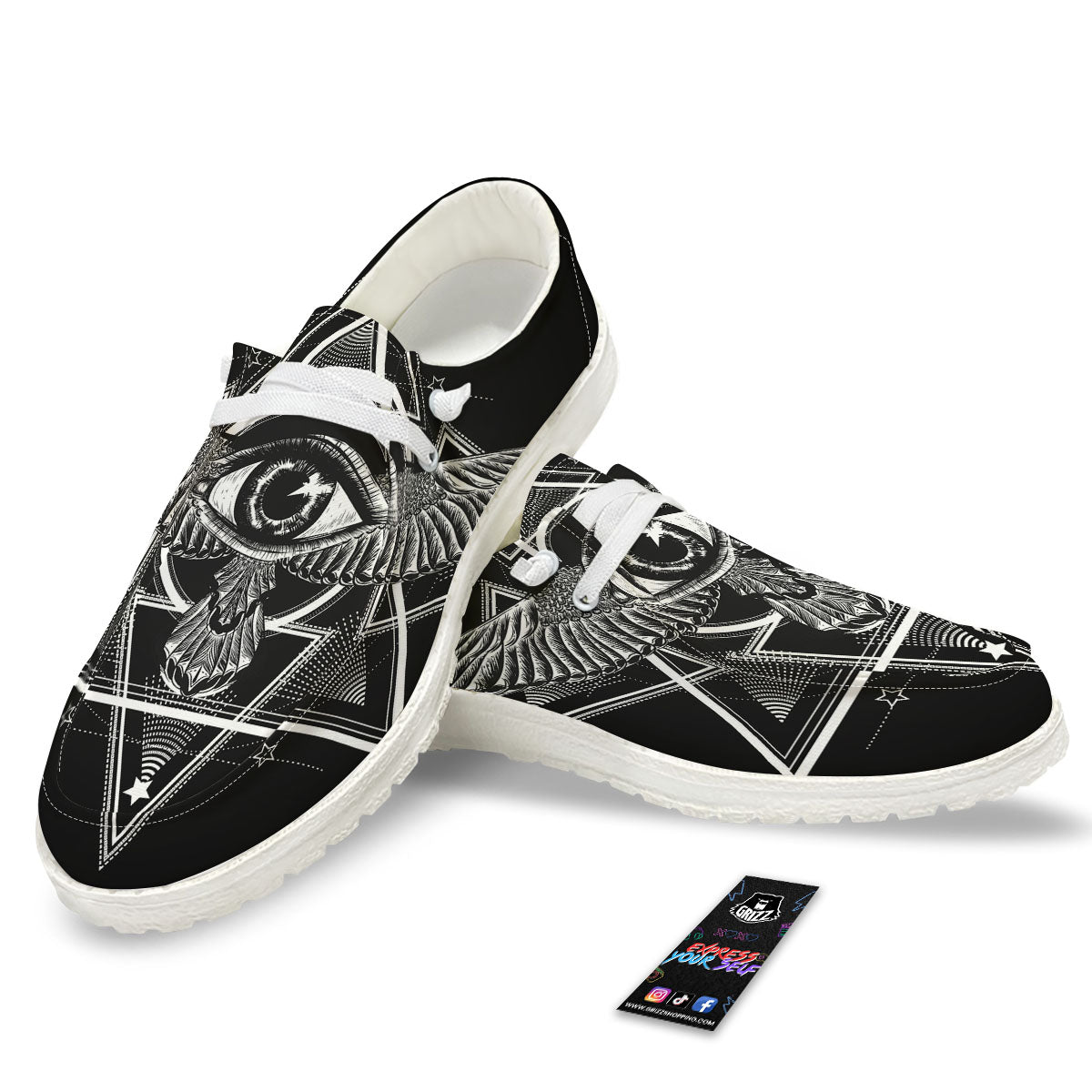 All Seeing Eye Black And Silver Print Black Loafers-grizzshop