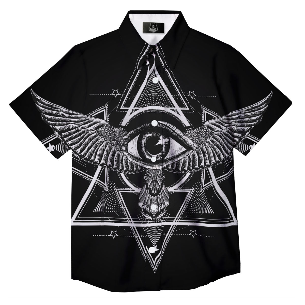 All Seeing Eye Black And Silver Print Button Up Shirt-grizzshop