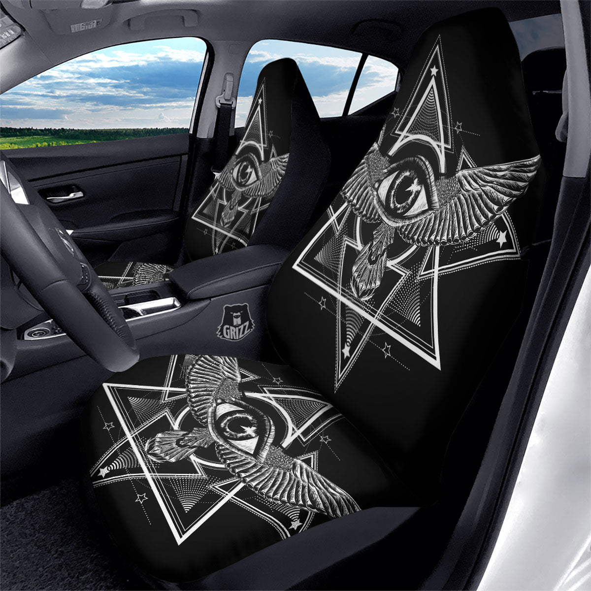 All Seeing Eye Black And Silver Print Car Seat Covers-grizzshop
