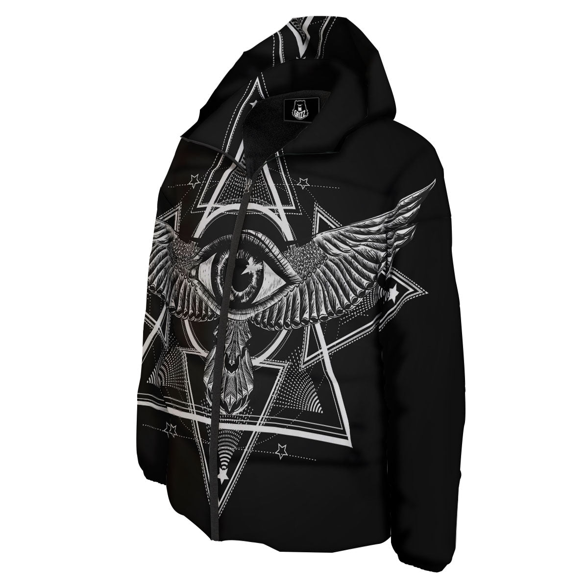 All Seeing Eye Black And Silver Print Down Jacket-grizzshop