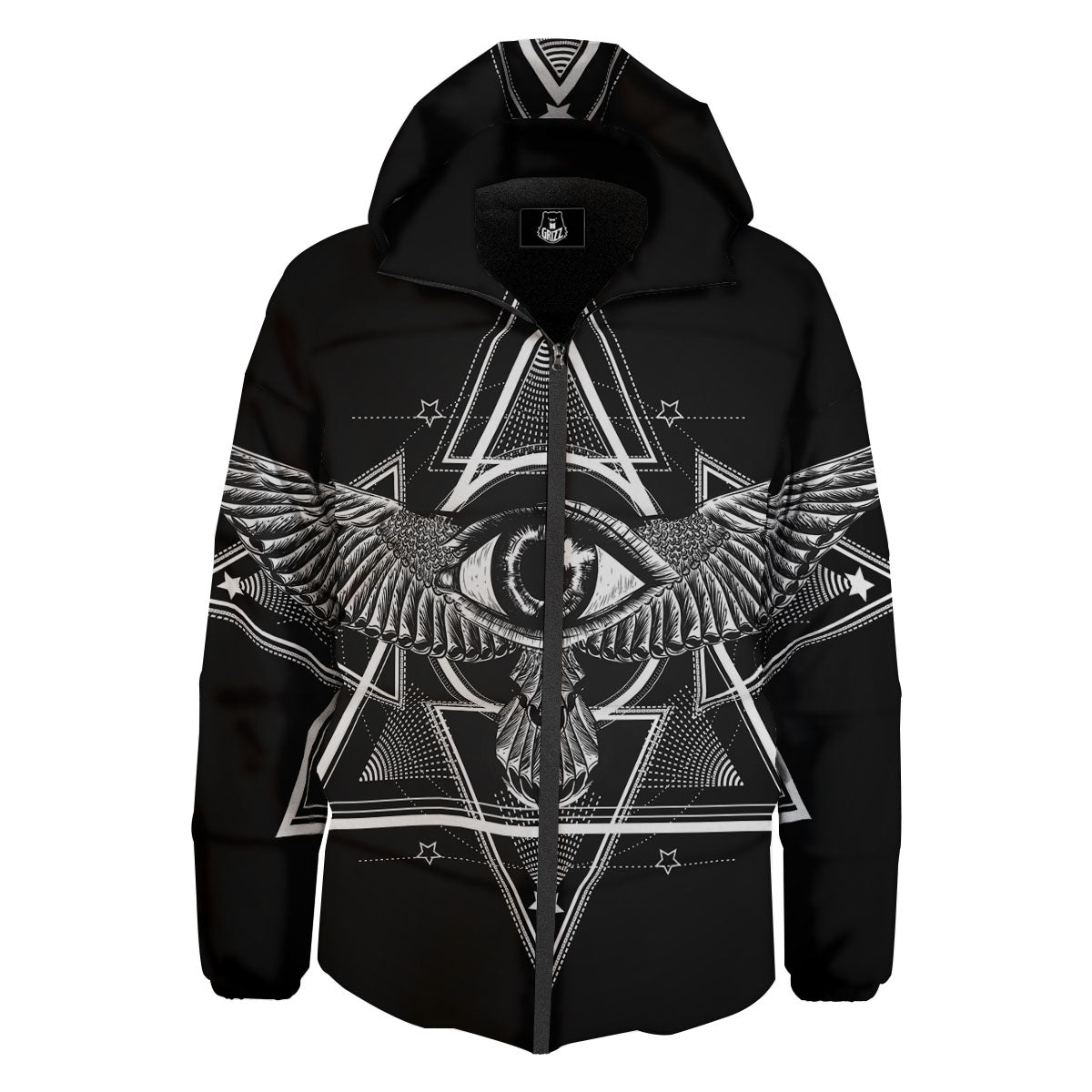 All Seeing Eye Black And Silver Print Down Jacket-grizzshop