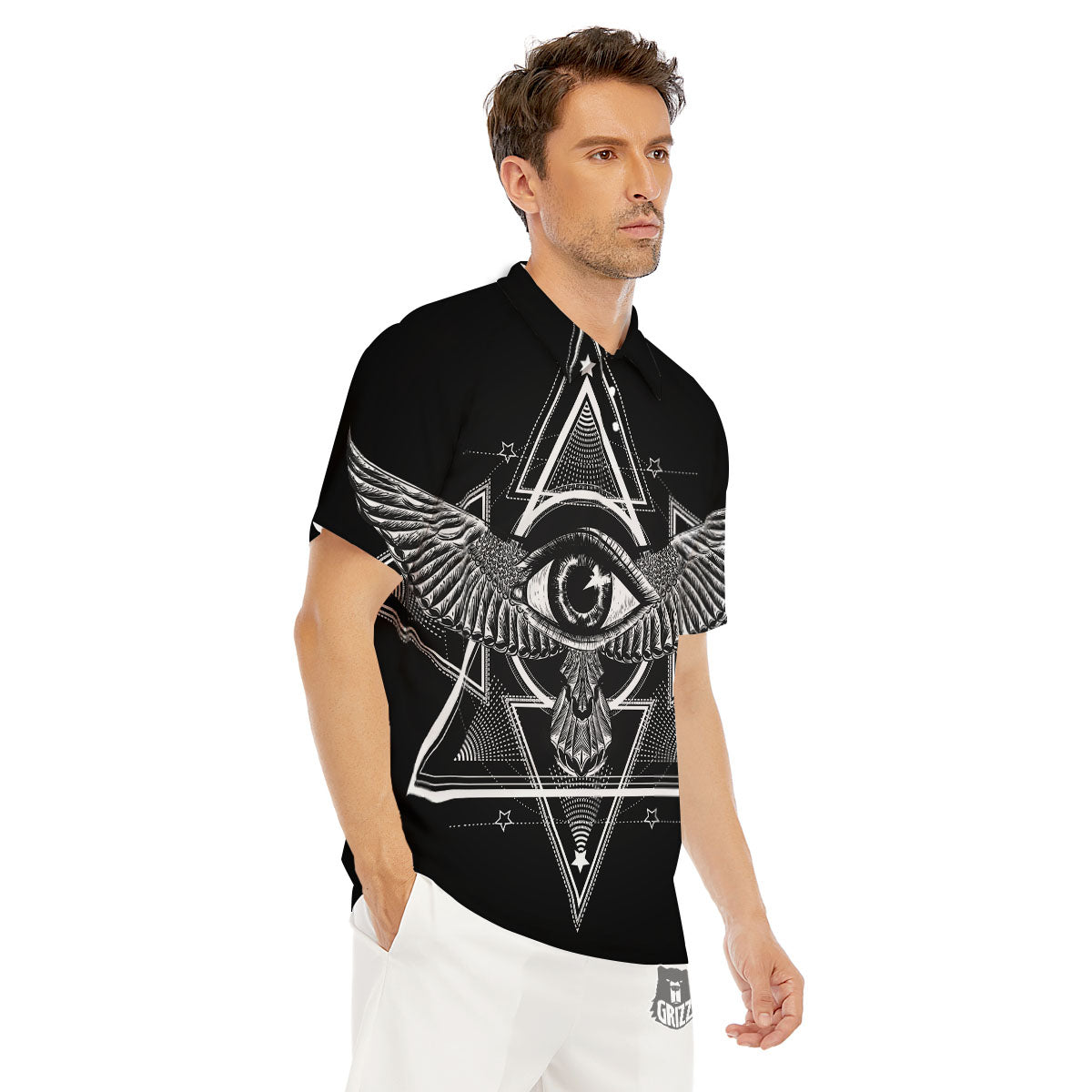 All Seeing Eye Black And Silver Print Men's Golf Shirts-grizzshop