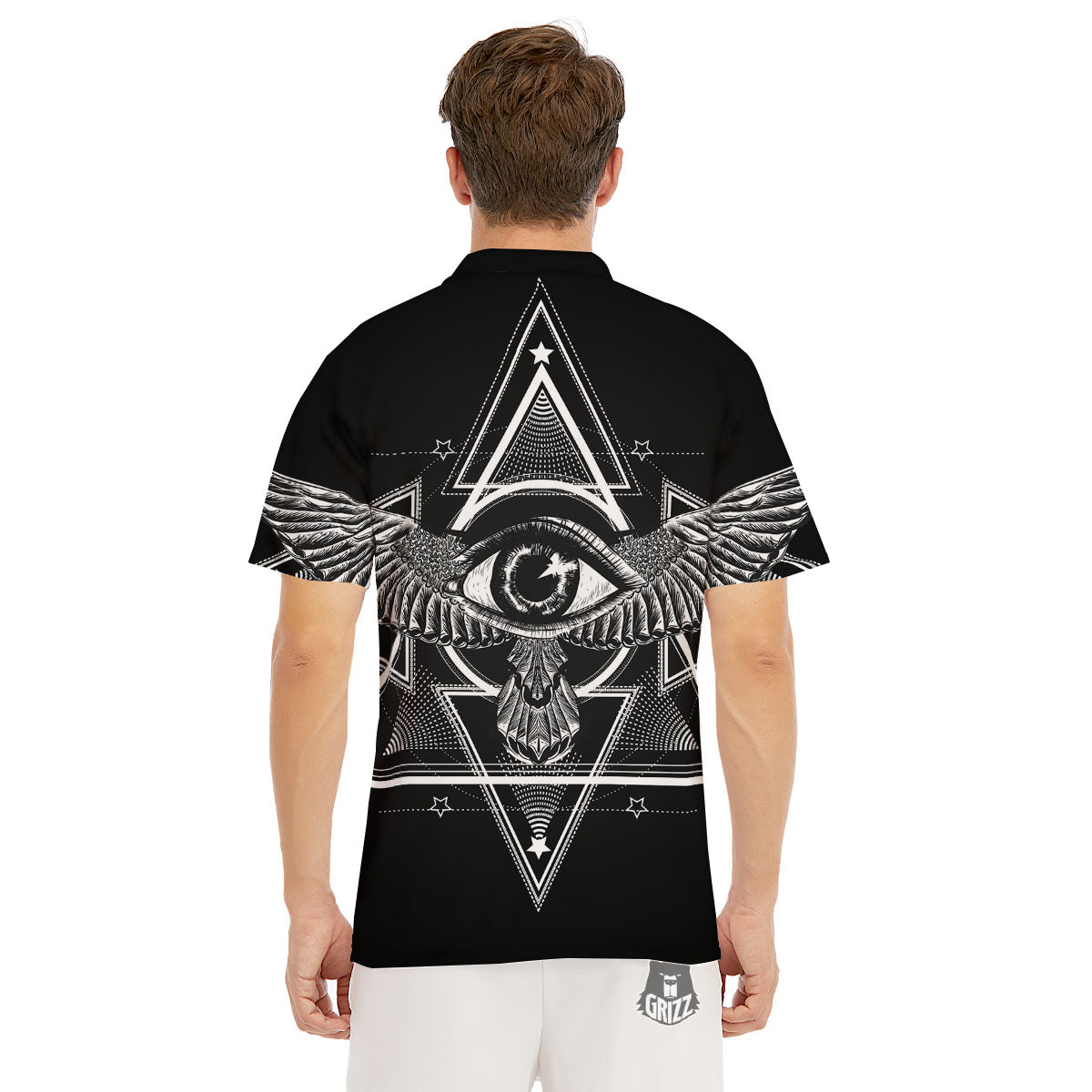 All Seeing Eye Black And Silver Print Men's Golf Shirts-grizzshop