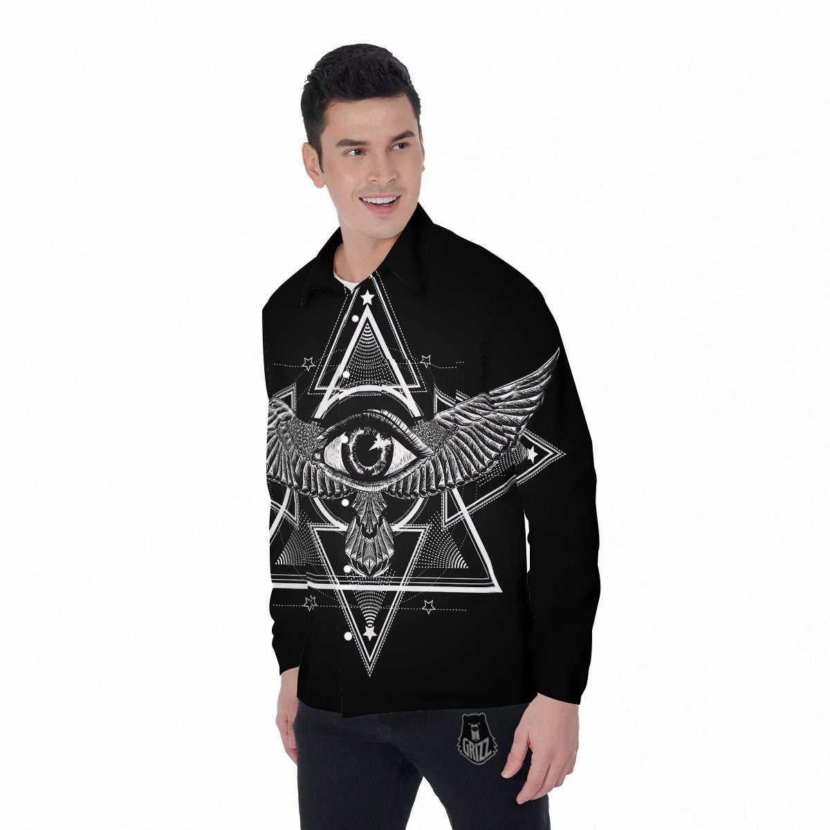 All Seeing Eye Black And Silver Print Men's Long Sleeve Shirts-grizzshop