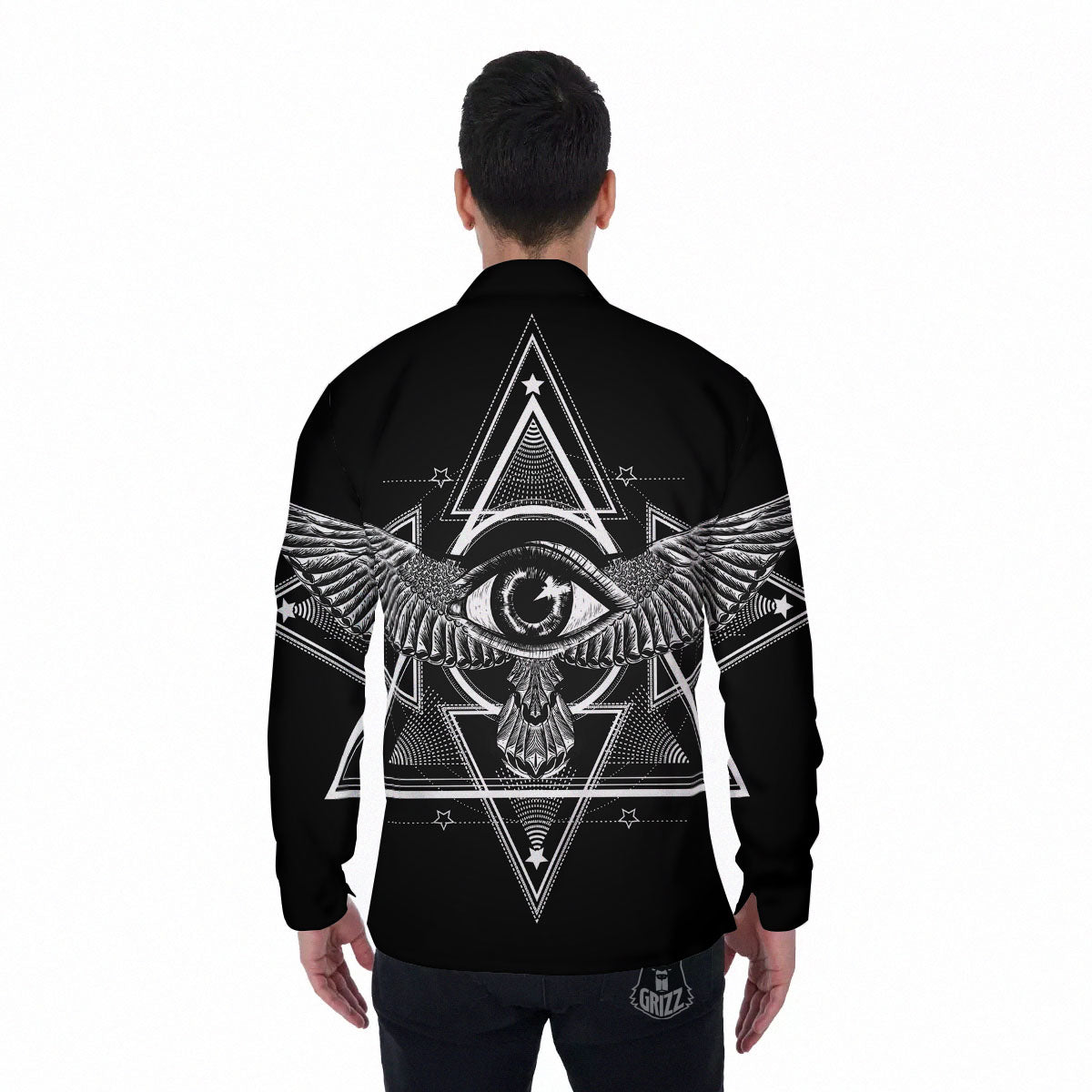 All Seeing Eye Black And Silver Print Men's Long Sleeve Shirts-grizzshop