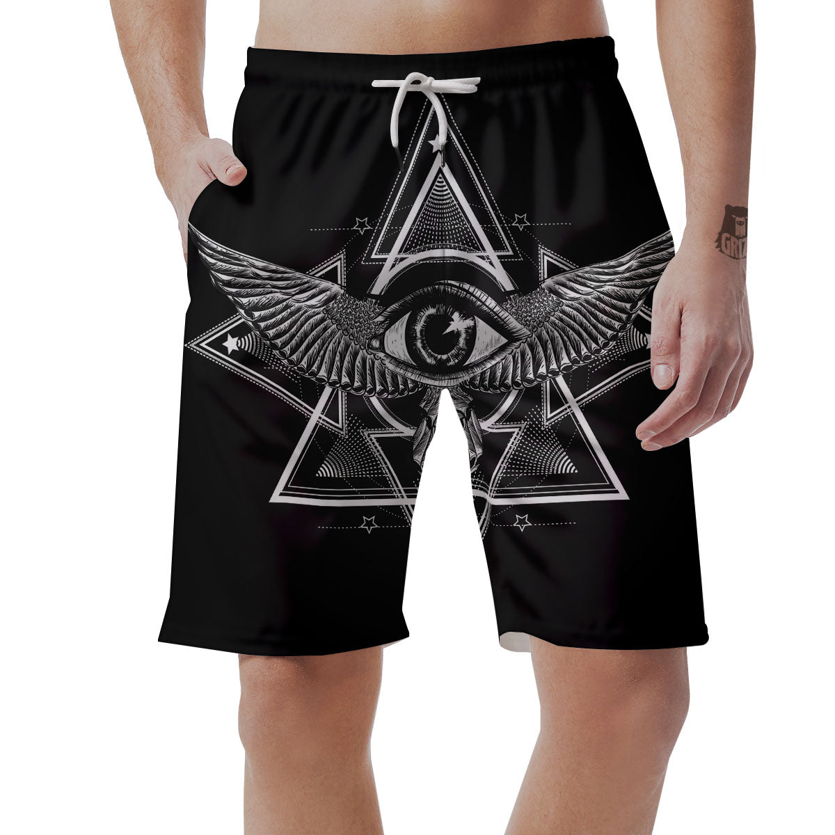All Seeing Eye Black And Silver Print Men's Shorts-grizzshop