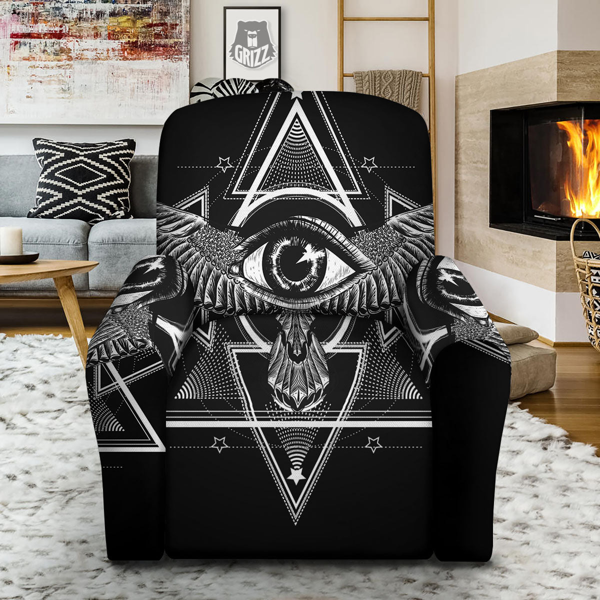 All Seeing Eye Black And Silver Print Recliner Slipcover-grizzshop