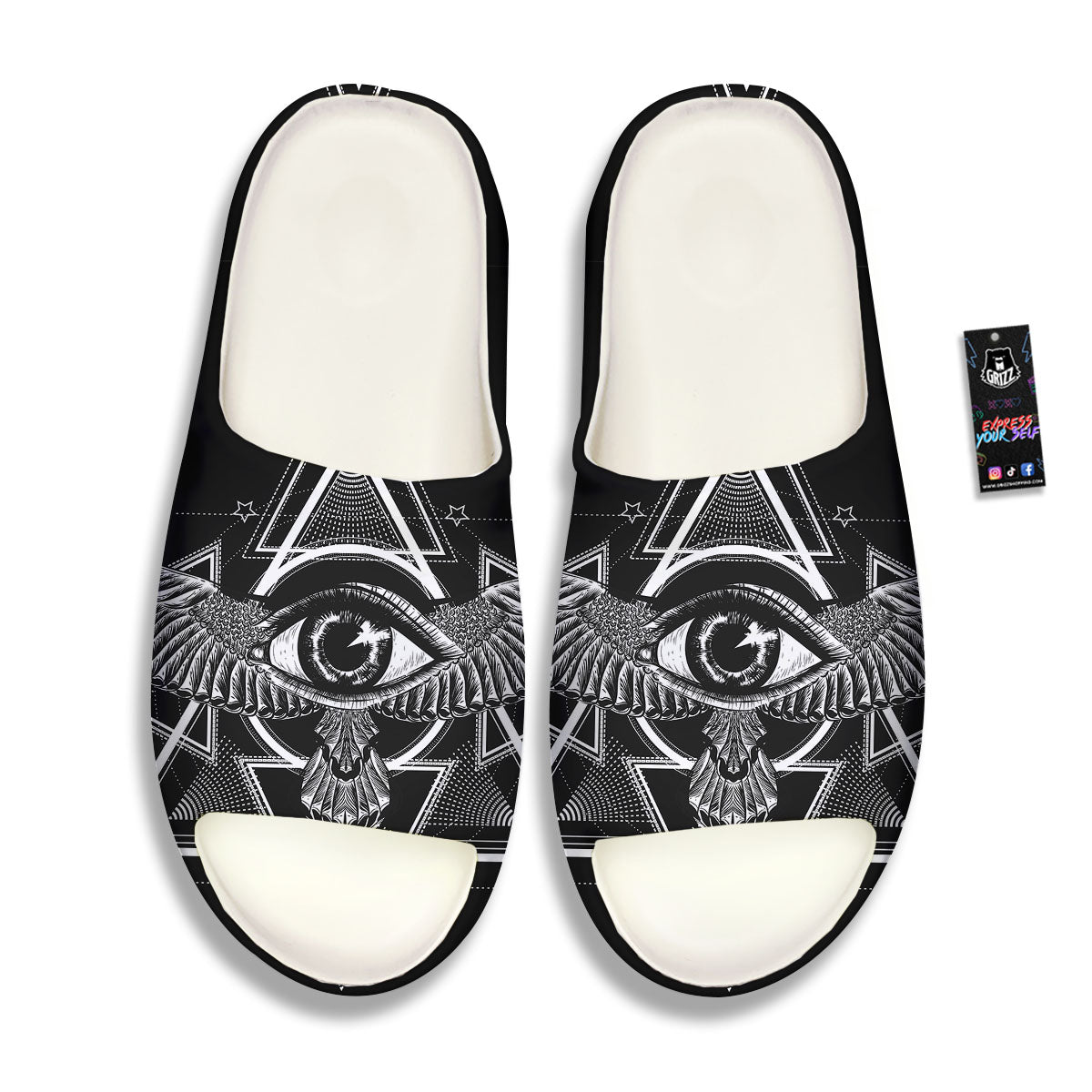 All Seeing Eye Black And Silver Print Sandals-grizzshop