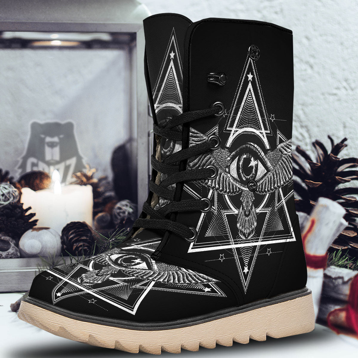 All Seeing Eye Black And Silver Print Snow Boots-grizzshop