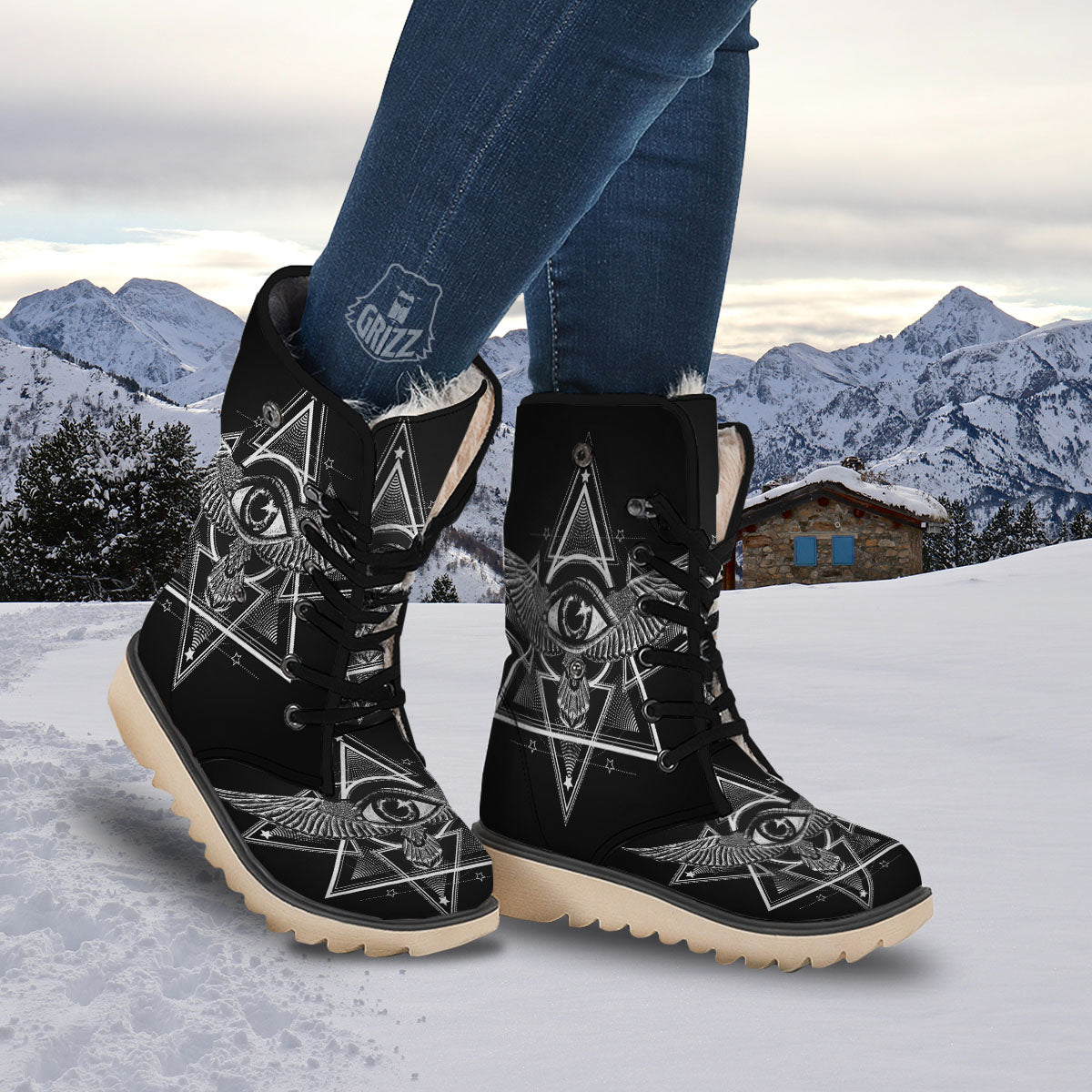 All Seeing Eye Black And Silver Print Snow Boots-grizzshop