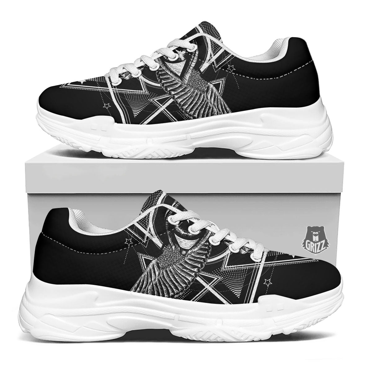 All Seeing Eye Black And Silver Print White Chunky Shoes-grizzshop