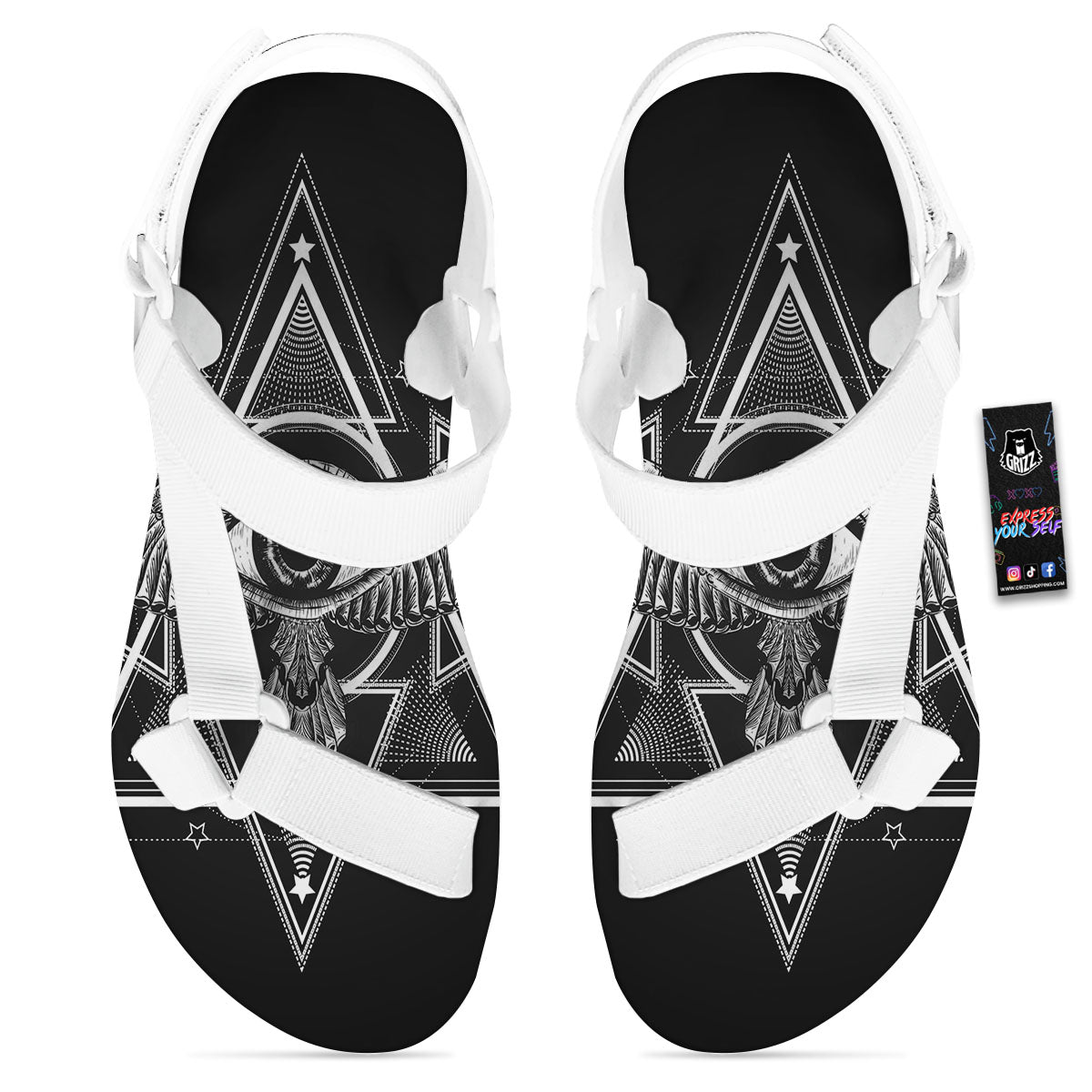 All Seeing Eye Black And Silver Print White Open Toe Sandals-grizzshop
