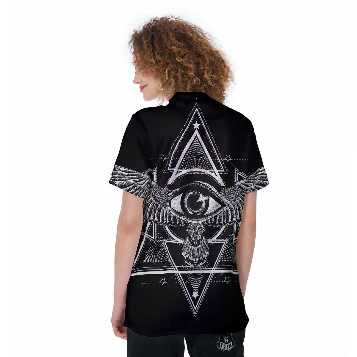 All Seeing Eye Black And Silver Print Women's Golf Shirts-grizzshop