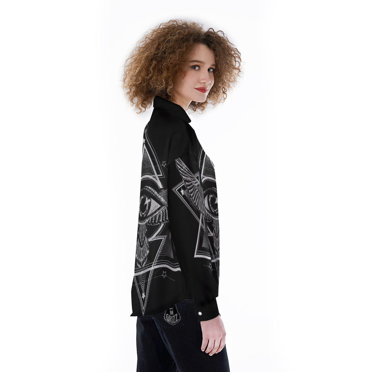 All Seeing Eye Black And Silver Print Women's Long Sleeve Shirts-grizzshop