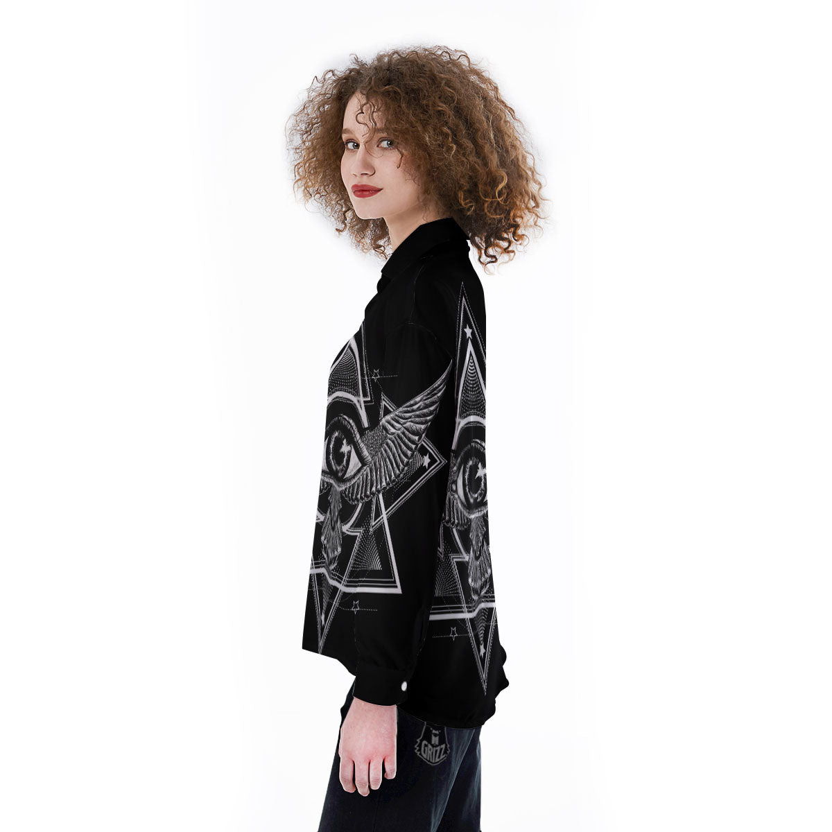 All Seeing Eye Black And Silver Print Women's Long Sleeve Shirts-grizzshop