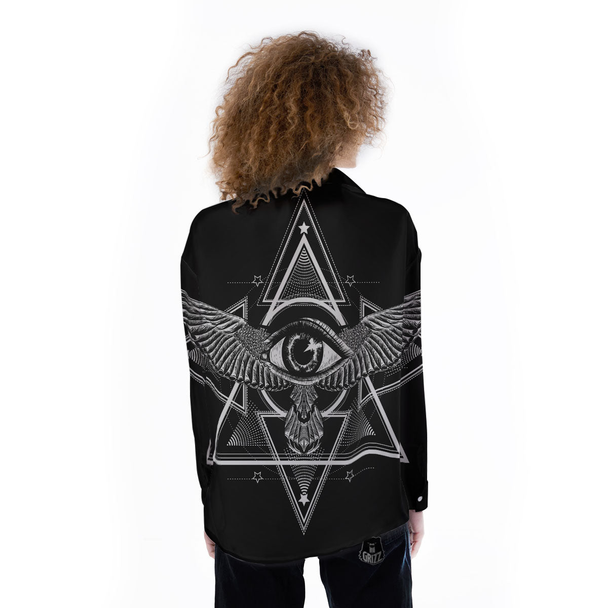 All Seeing Eye Black And Silver Print Women's Long Sleeve Shirts-grizzshop