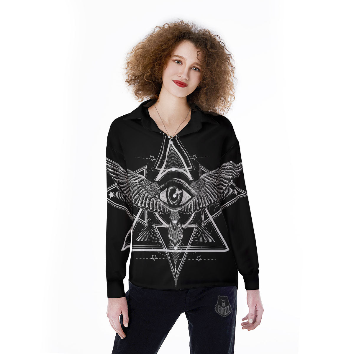 All Seeing Eye Black And Silver Print Women's Long Sleeve Shirts-grizzshop