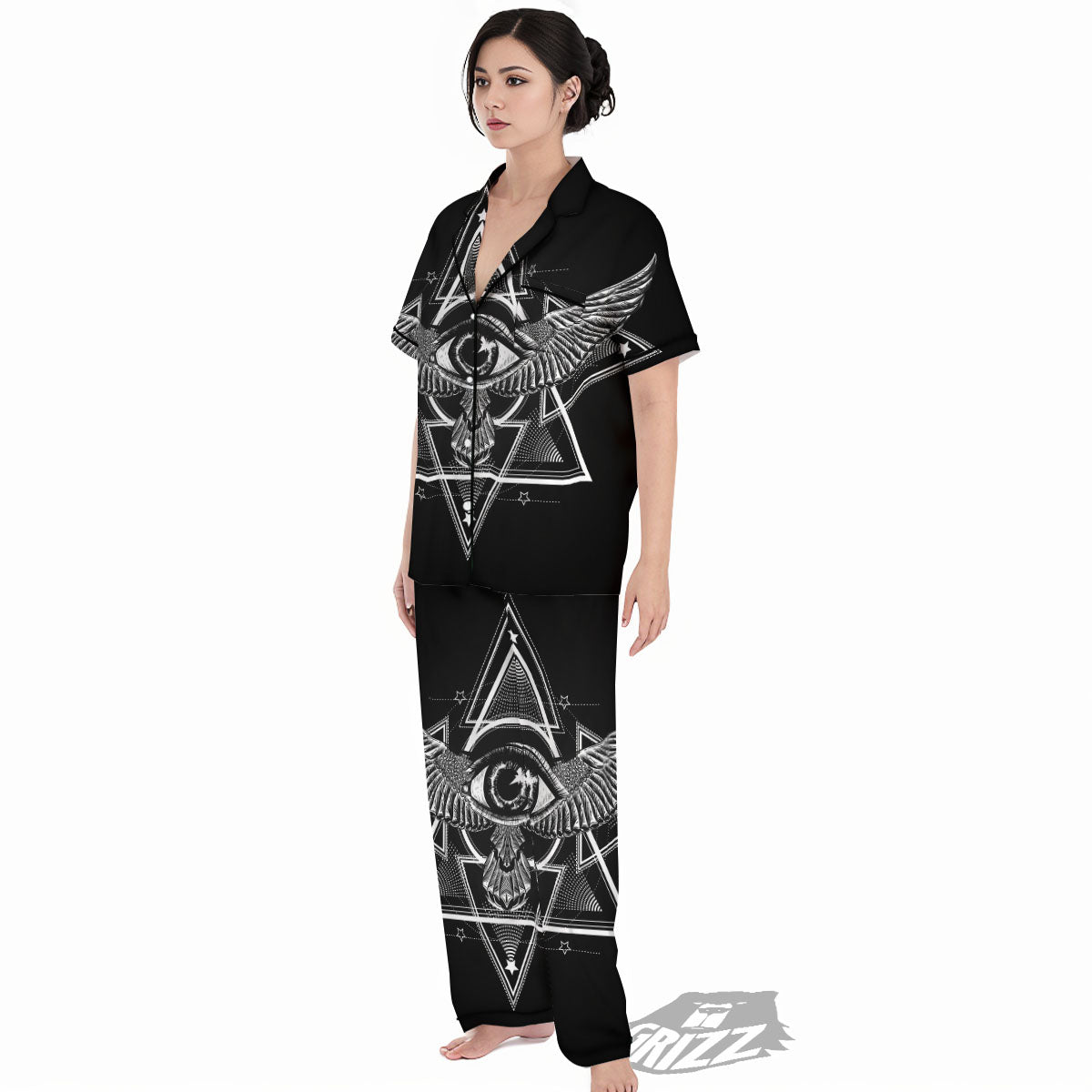 All Seeing Eye Black And Silver Print Women's Pajamas Set-grizzshop