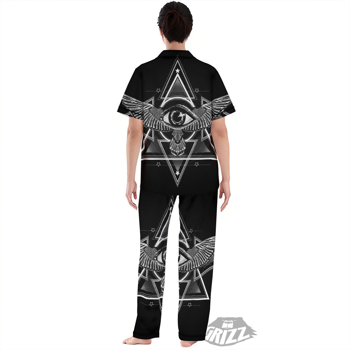 All Seeing Eye Black And Silver Print Women's Pajamas Set-grizzshop