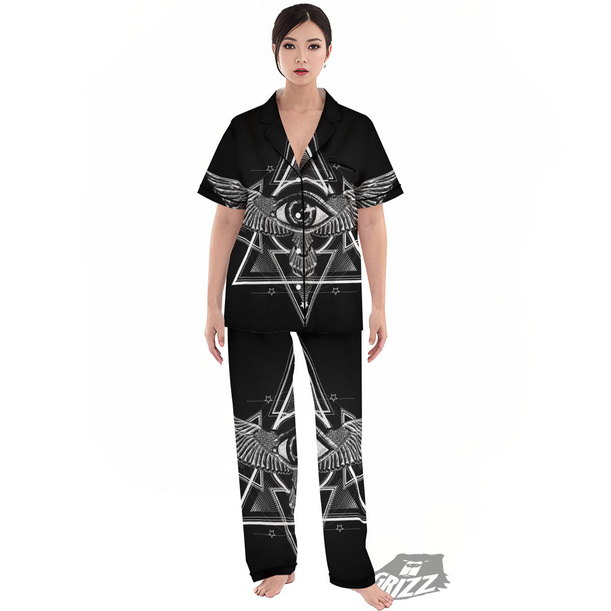 All Seeing Eye Black And Silver Print Women's Pajamas Set-grizzshop