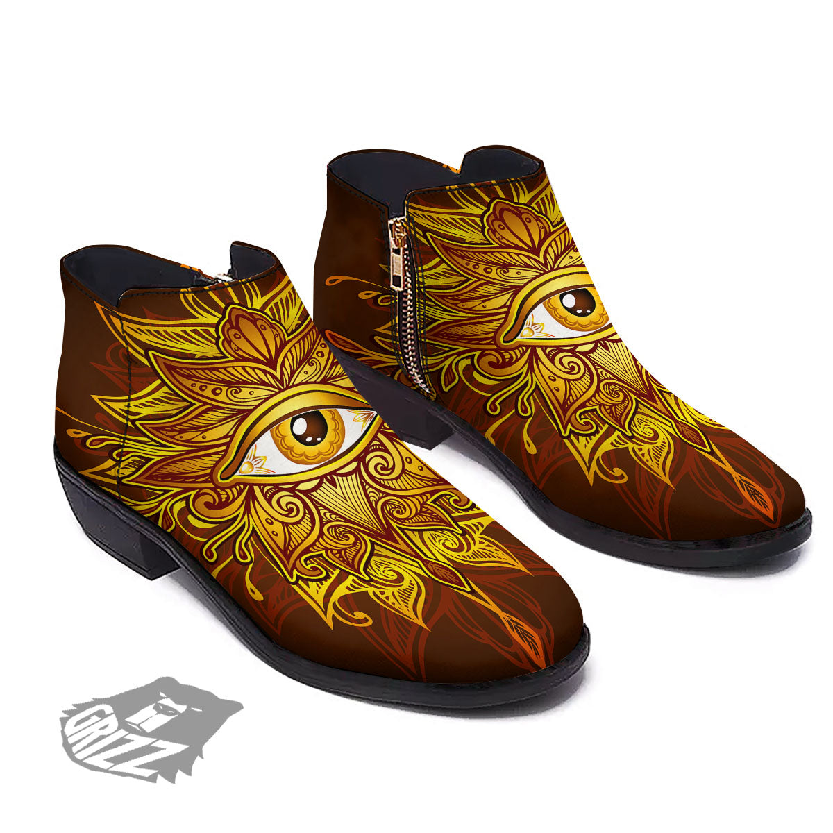 All Seeing Eye Gold Print Ankle Boots-grizzshop