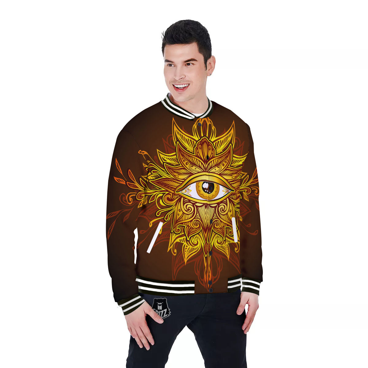 All Seeing Eye Gold Print Baseball Jacket-grizzshop