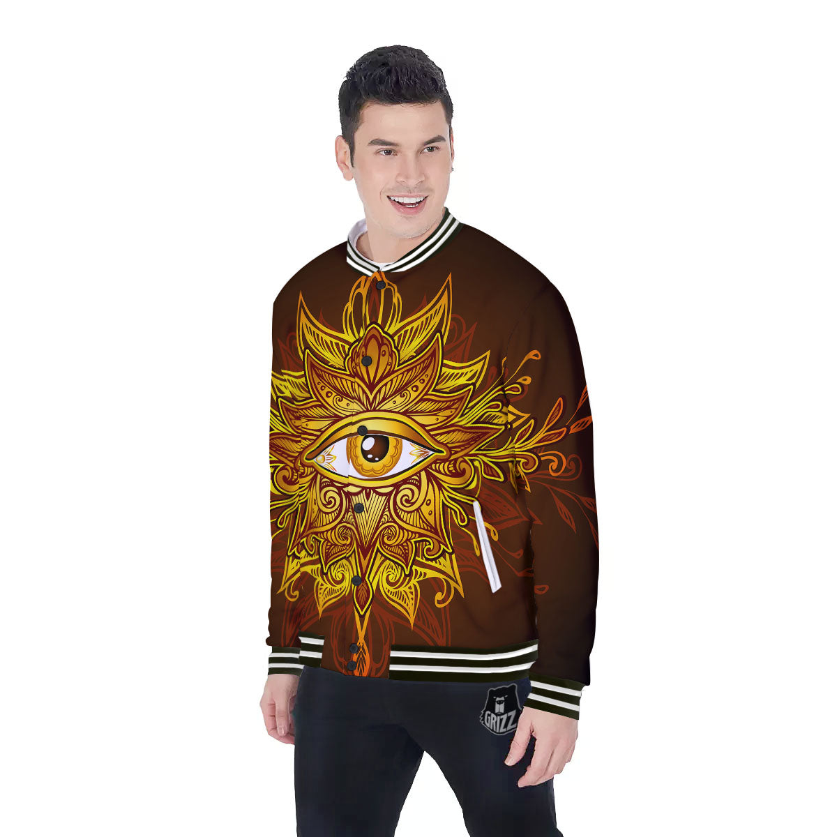 All Seeing Eye Gold Print Baseball Jacket-grizzshop