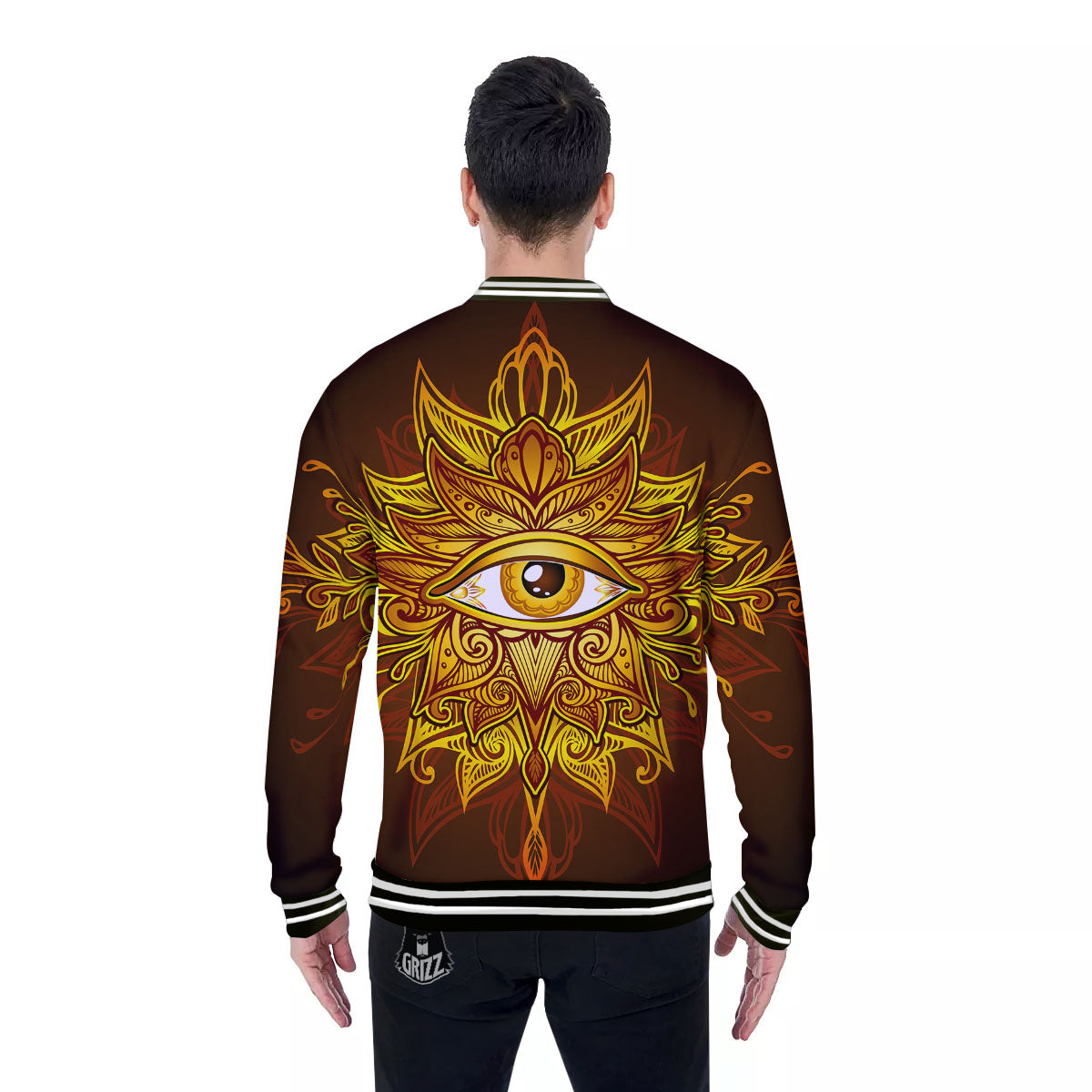 All Seeing Eye Gold Print Baseball Jacket-grizzshop