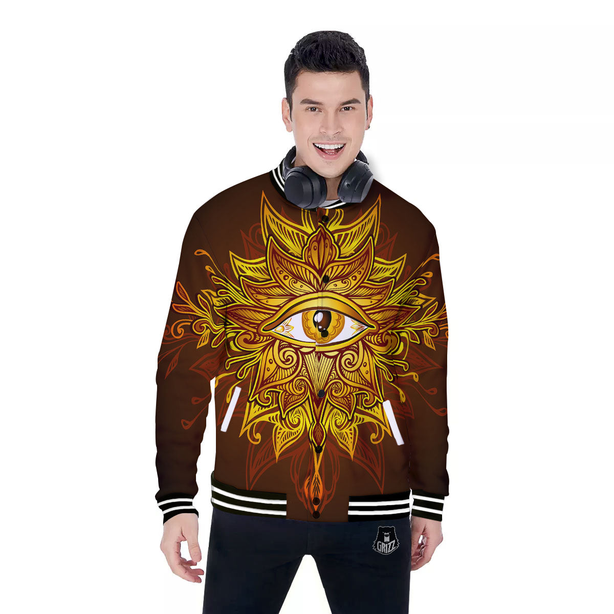 All Seeing Eye Gold Print Baseball Jacket-grizzshop