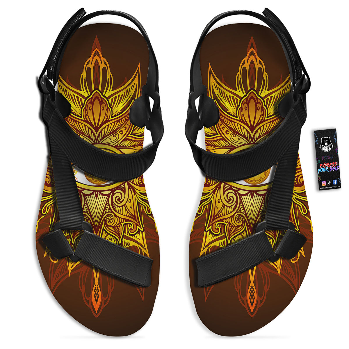 All Seeing Eye Gold Print Black Open Toe Sandals-grizzshop