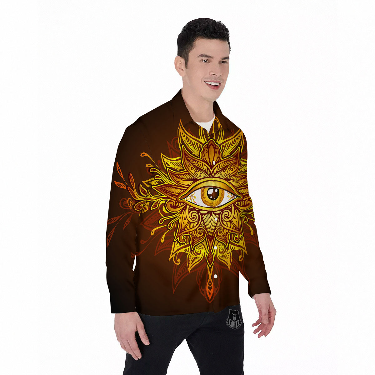 All Seeing Eye Gold Print Men's Long Sleeve Shirts-grizzshop