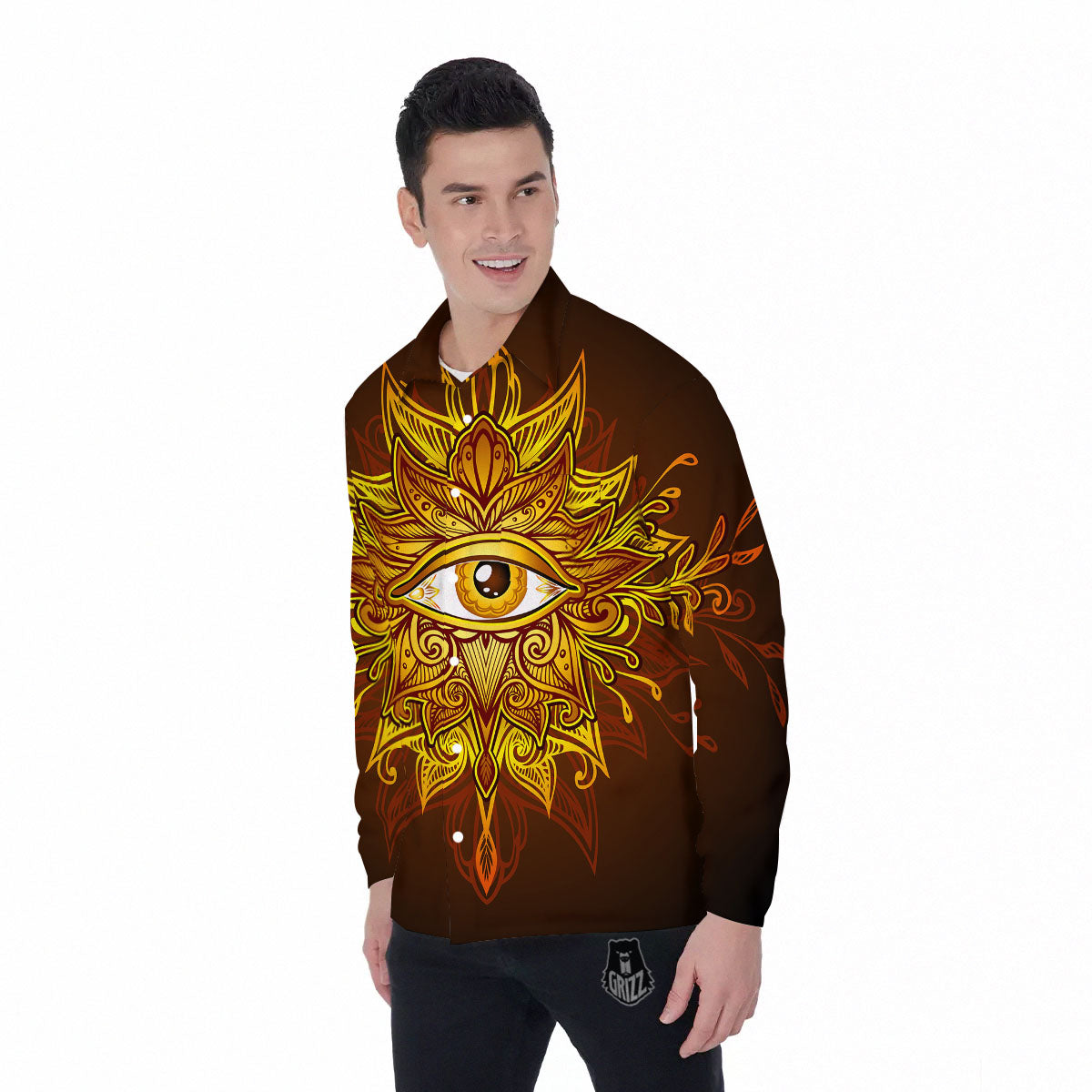 All Seeing Eye Gold Print Men's Long Sleeve Shirts-grizzshop