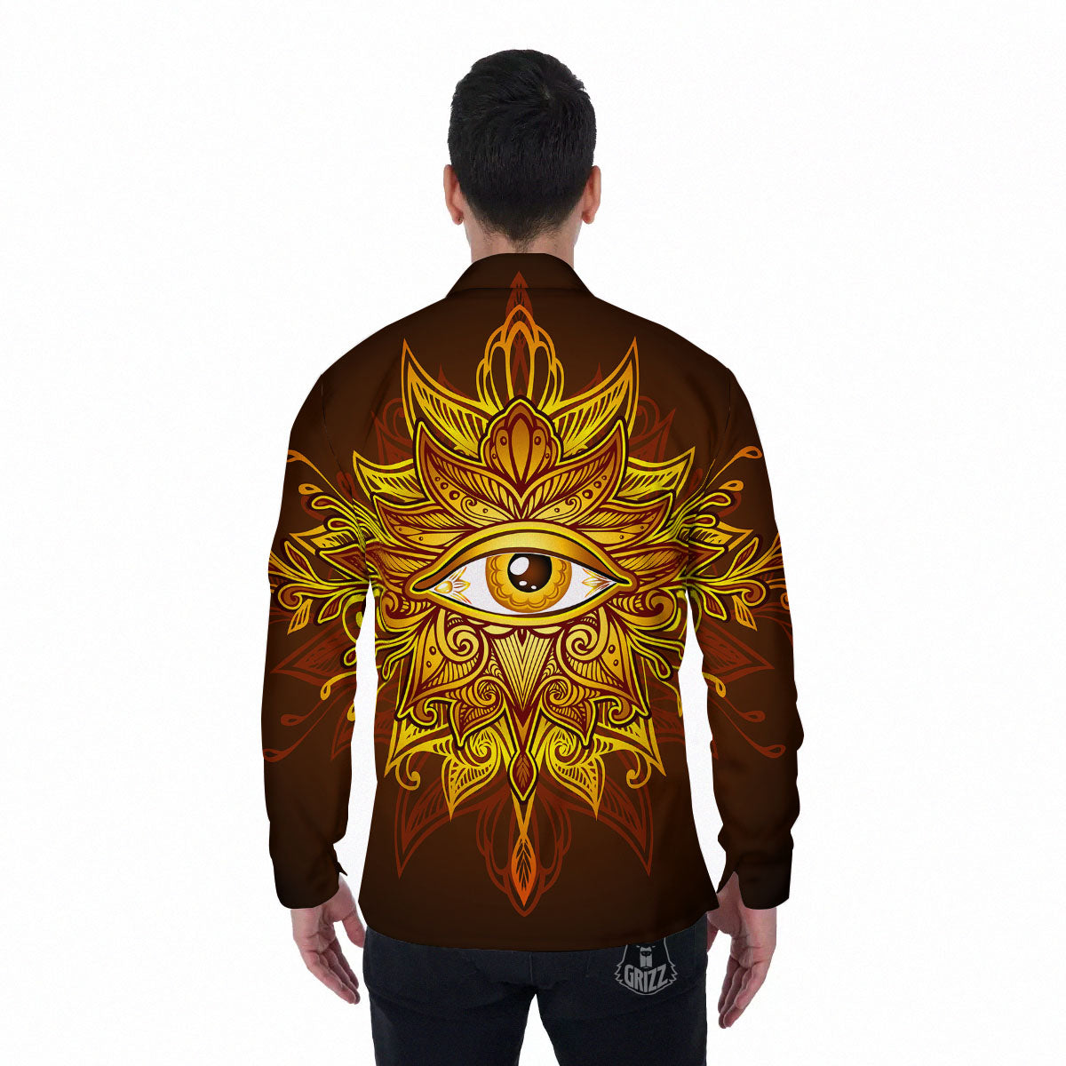All Seeing Eye Gold Print Men's Long Sleeve Shirts-grizzshop