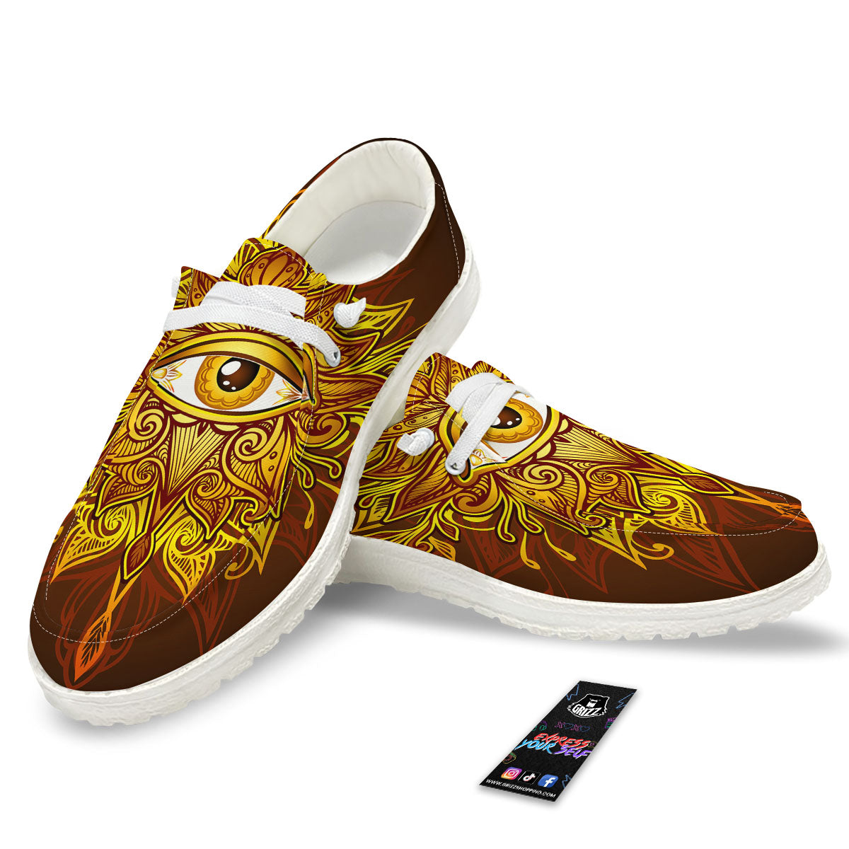 All Seeing Eye Gold Print White Loafers-grizzshop