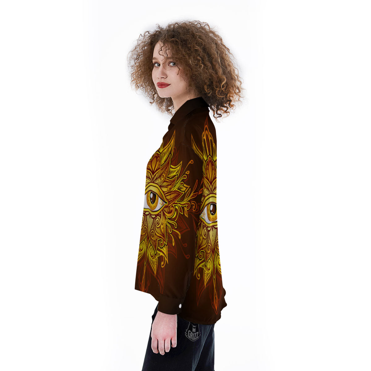 All Seeing Eye Gold Print Women's Long Sleeve Shirts-grizzshop