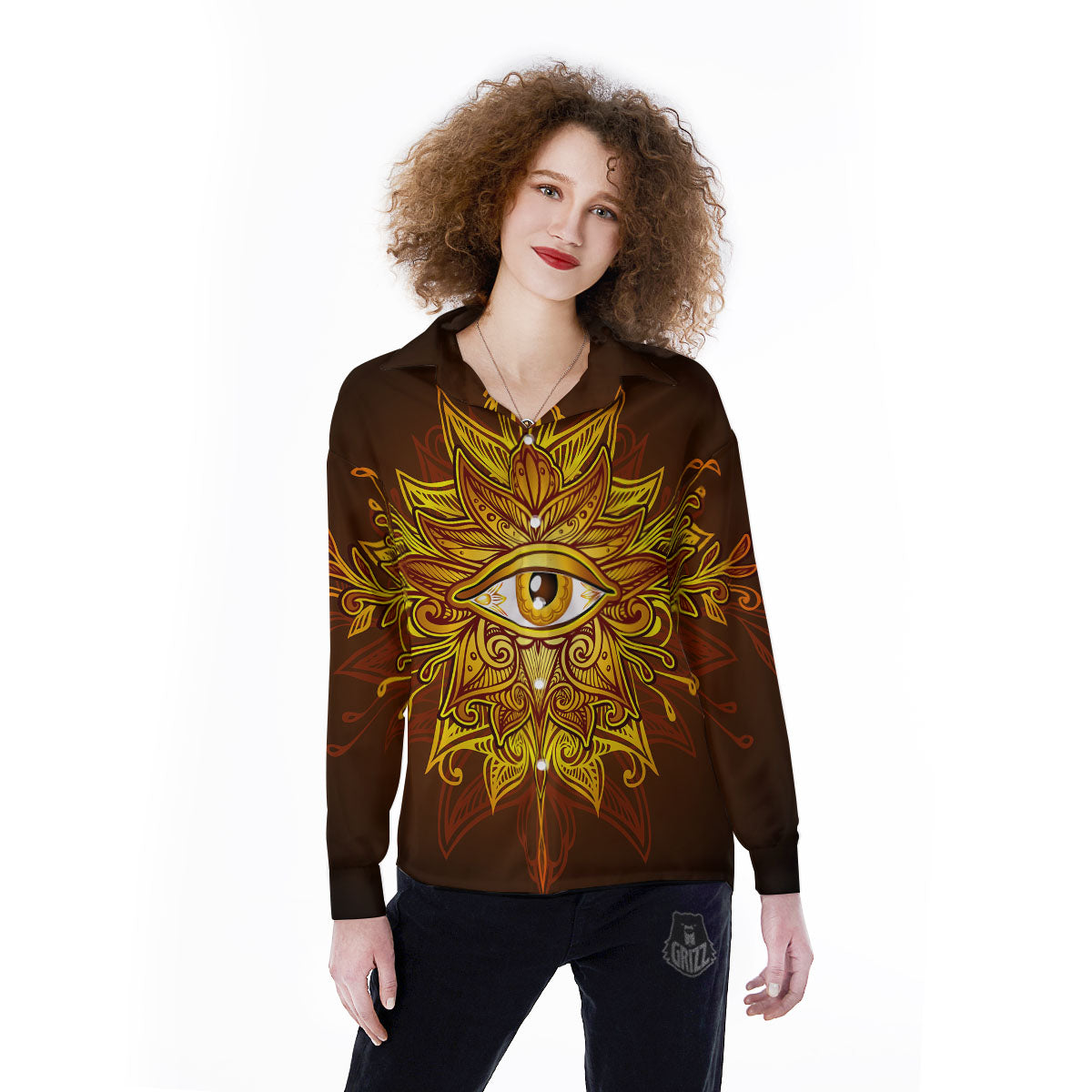 All Seeing Eye Gold Print Women's Long Sleeve Shirts-grizzshop