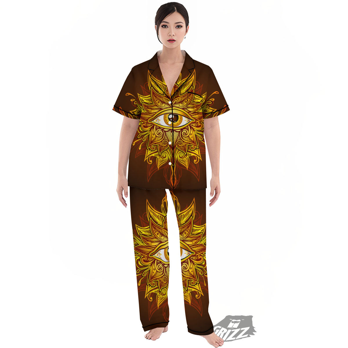 All Seeing Eye Gold Print Women's Pajamas Set-grizzshop
