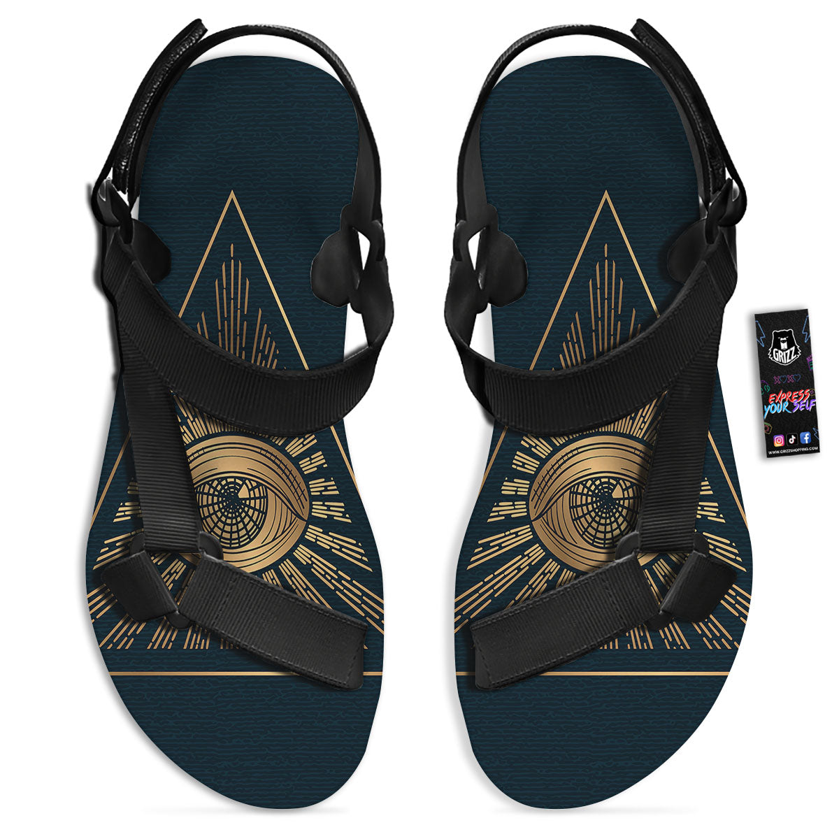 All Seeing Eye Masonic Print Black Open Toe Sandals-grizzshop