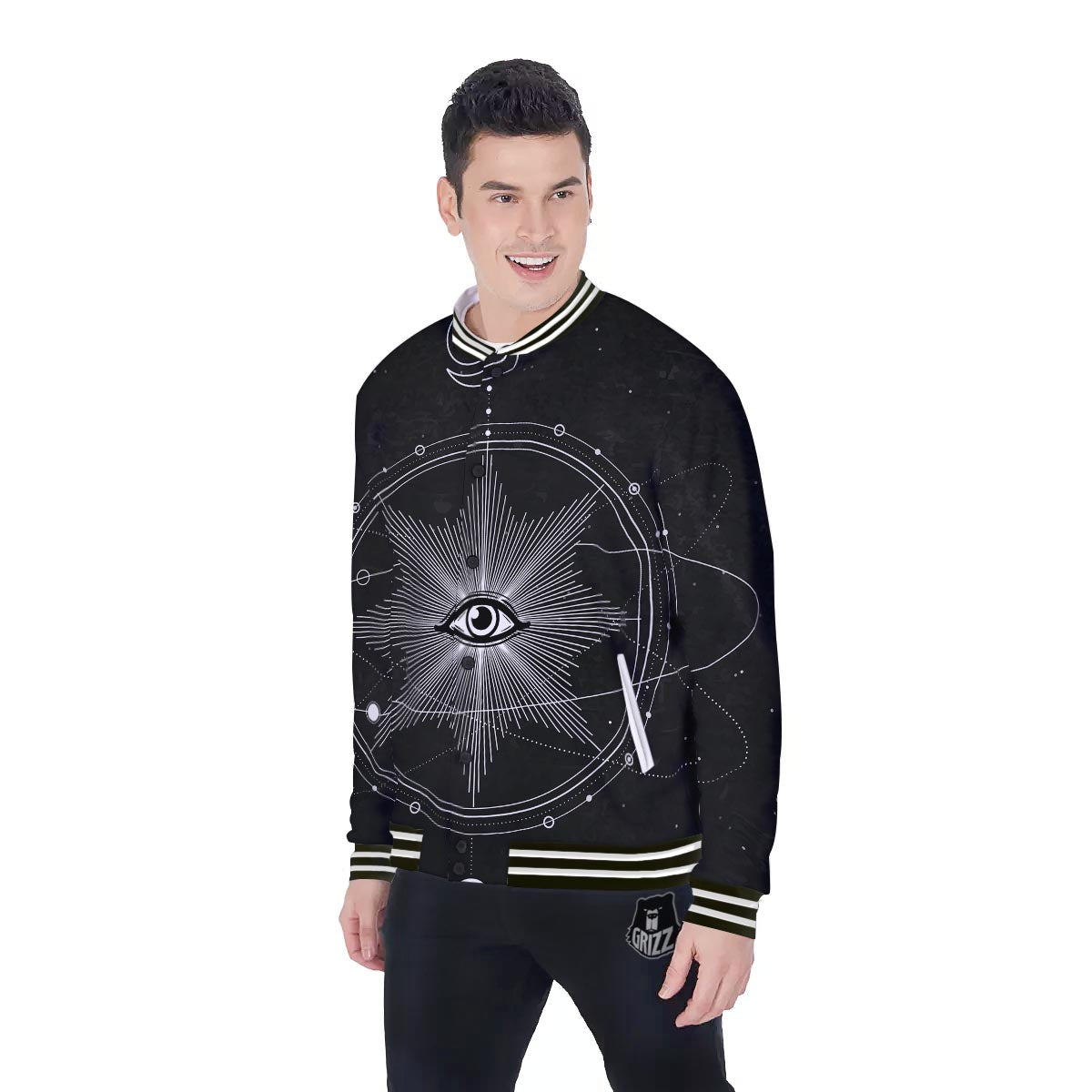 All Seeing Eye Sun Print Baseball Jacket-grizzshop