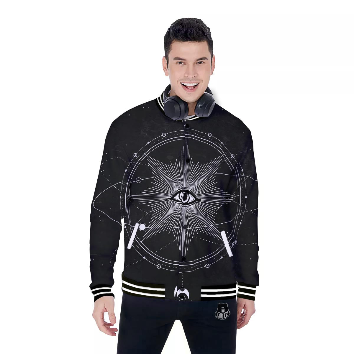 All Seeing Eye Sun Print Baseball Jacket-grizzshop