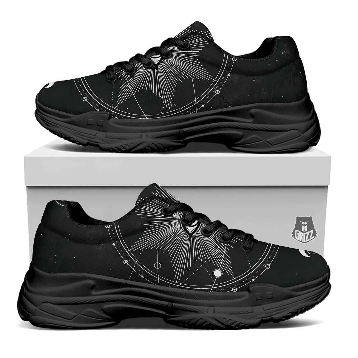 All Seeing Eye Sun Print Black Chunky Shoes-grizzshop