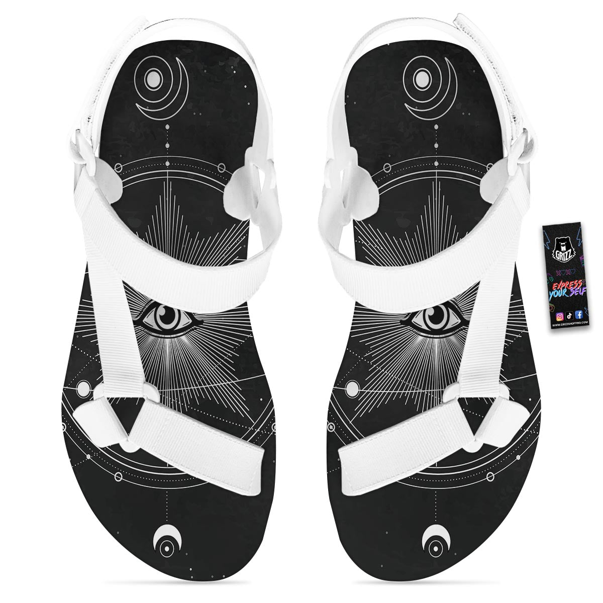 All Seeing Eye Sun Print White Open Toe Sandals-grizzshop