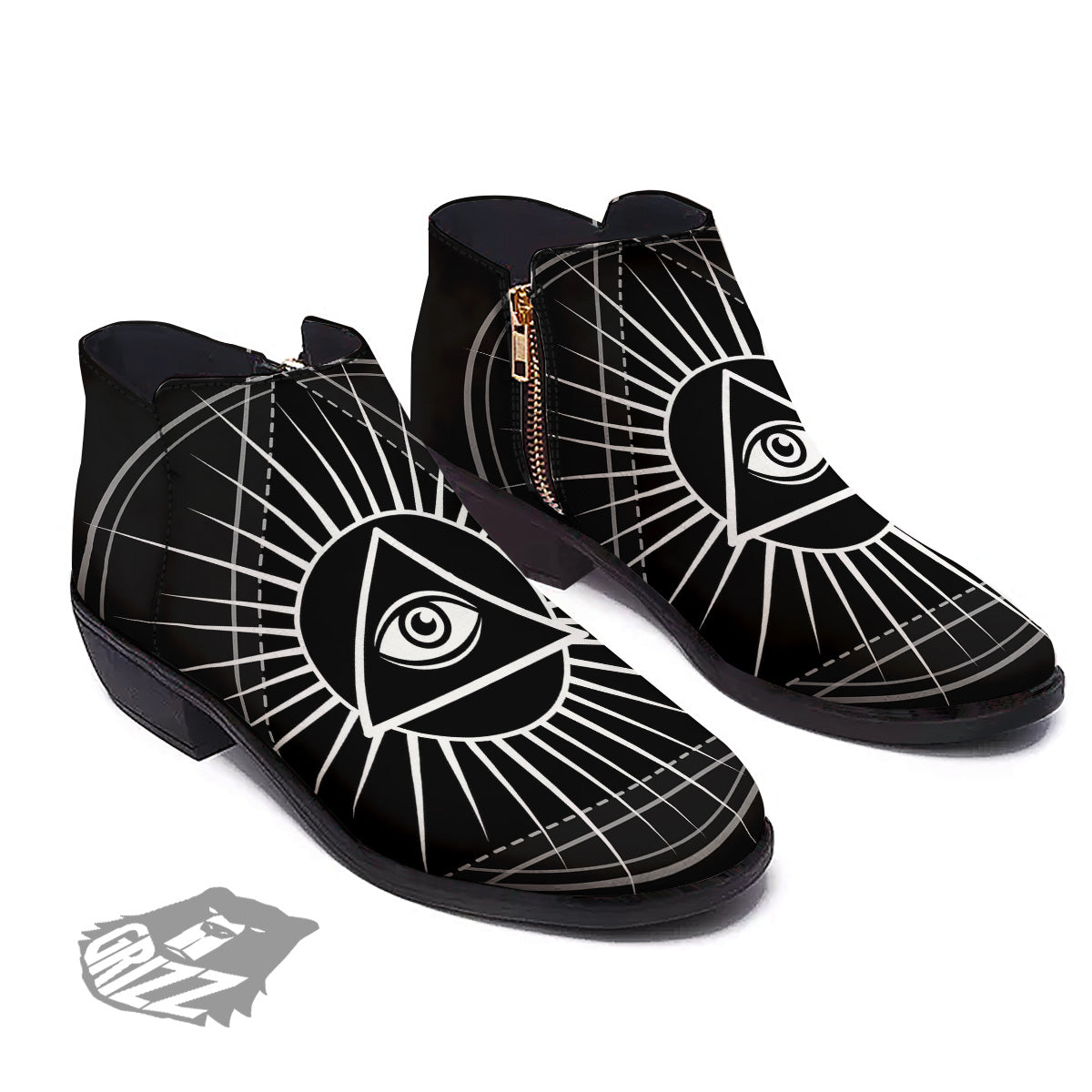 All Seeing Eye White And Black Print Ankle Boots-grizzshop