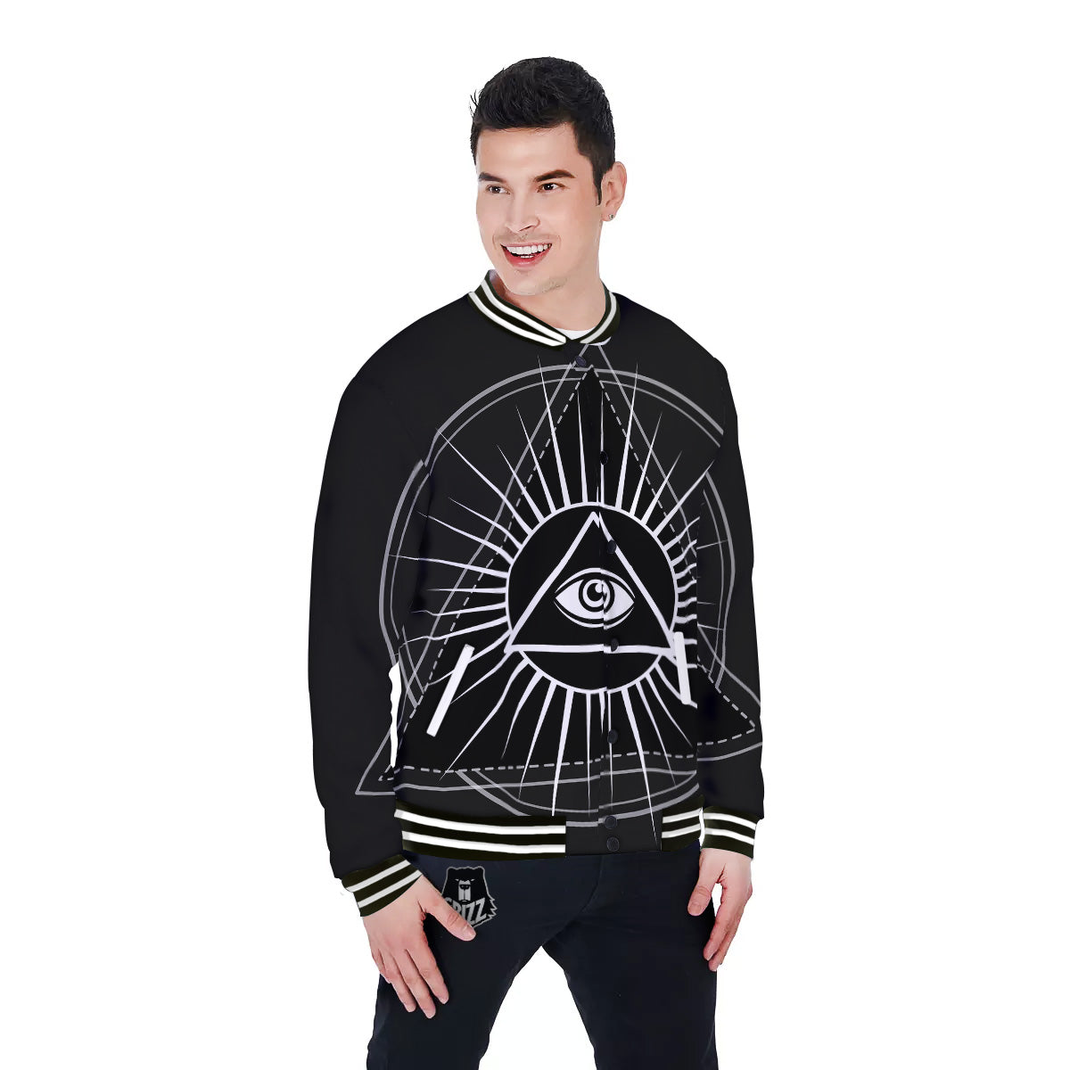 All Seeing Eye White And Black Print Baseball Jacket-grizzshop