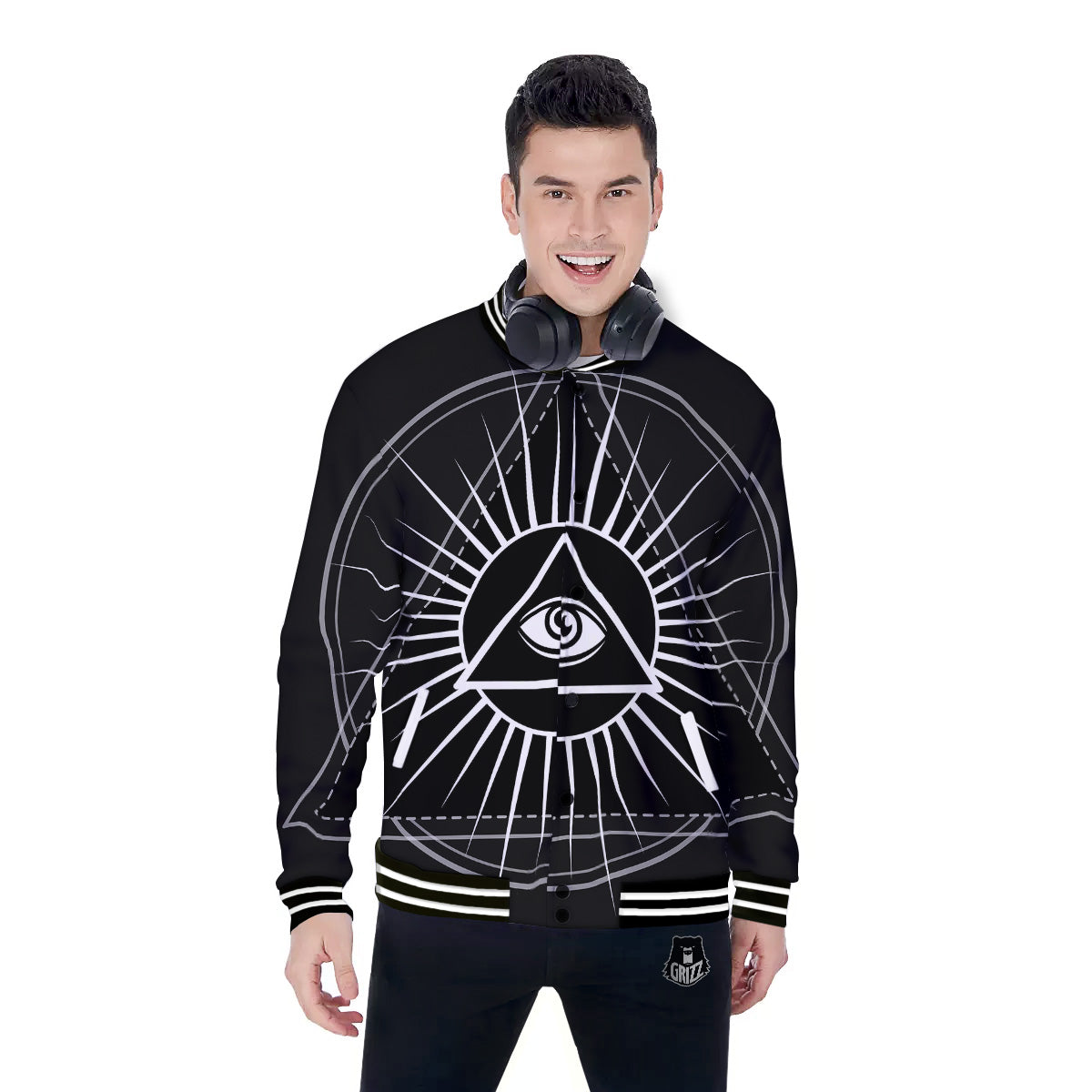 All Seeing Eye White And Black Print Baseball Jacket-grizzshop