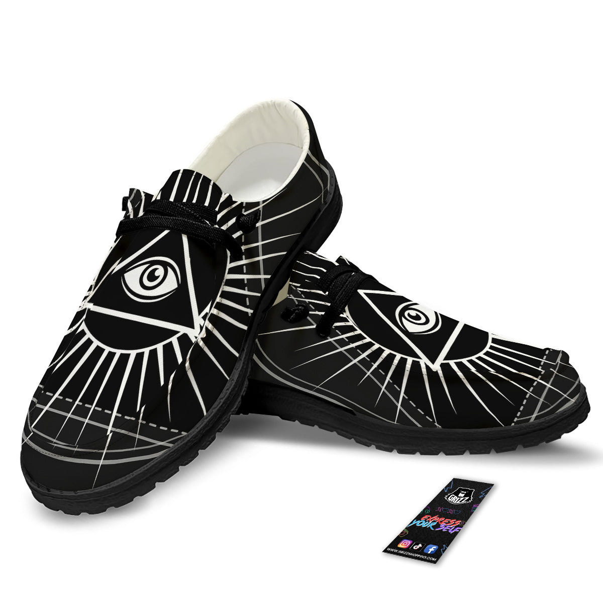 All Seeing Eye White And Black Print Black Loafers-grizzshop