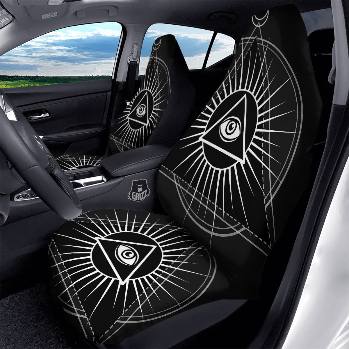 All Seeing Eye White And Black Print Car Seat Covers-grizzshop