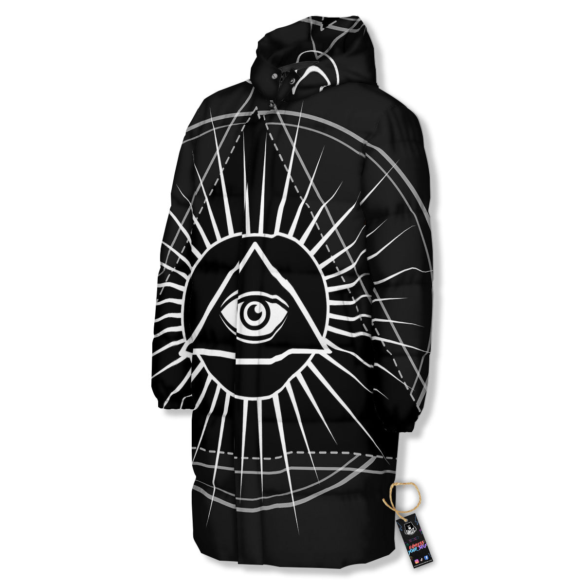 All Seeing Eye White And Black Print Long Down Jacket-grizzshop