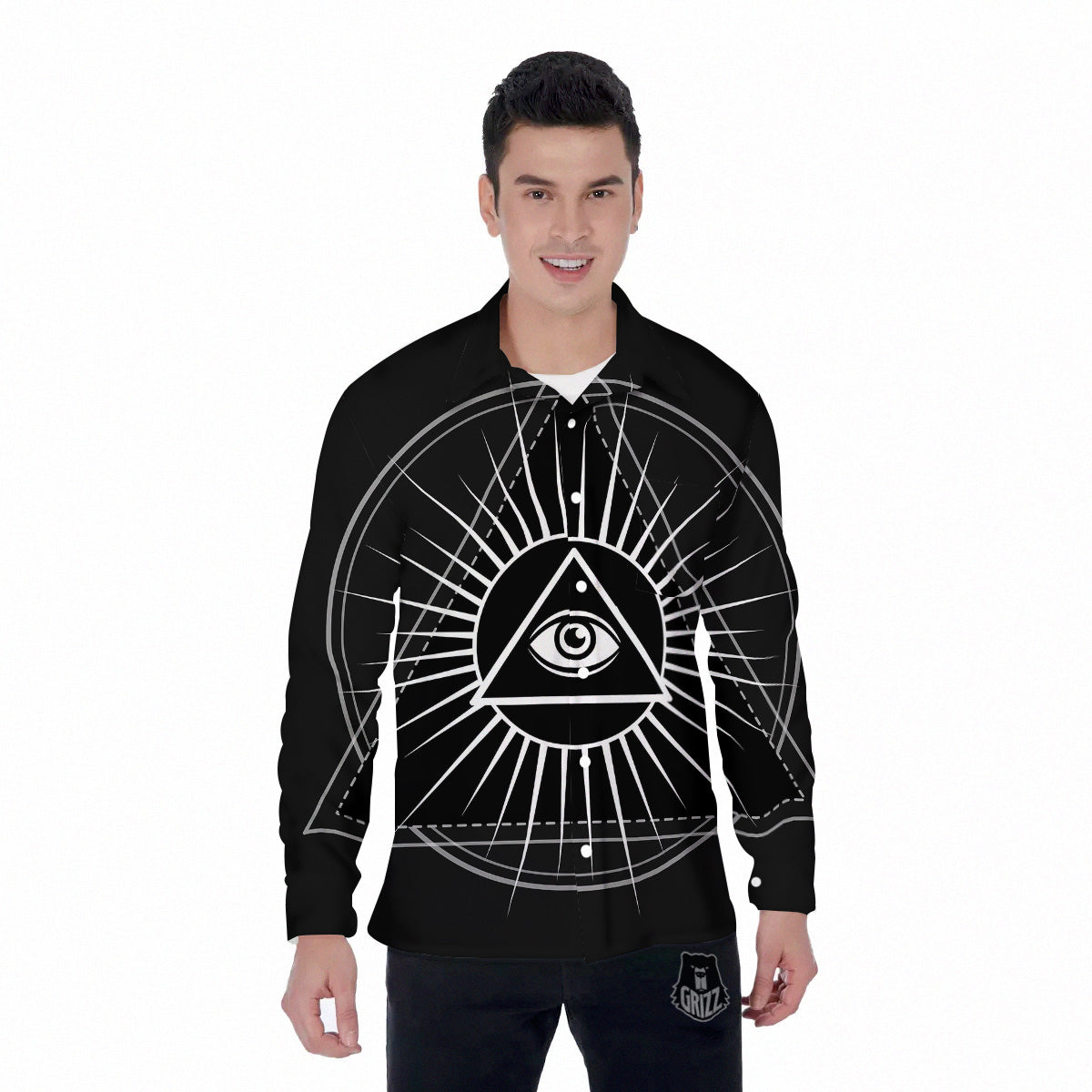 All Seeing Eye White And Black Print Men's Long Sleeve Shirts-grizzshop