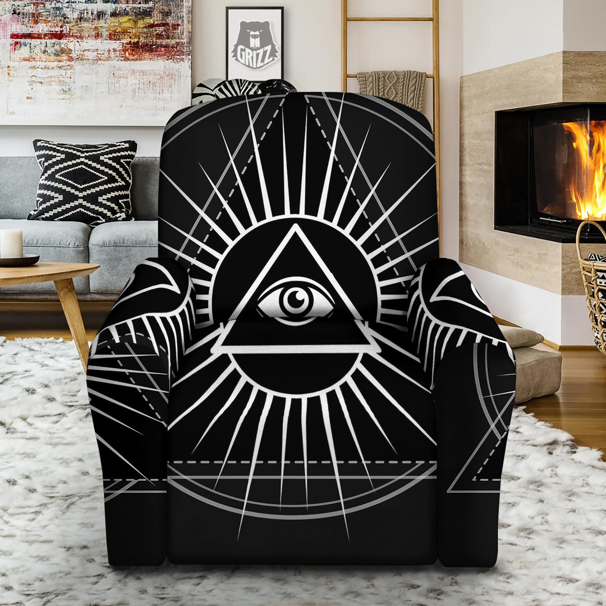 All Seeing Eye White And Black Print Recliner Slipcover-grizzshop